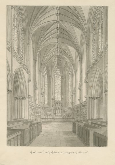 Lichfield székesegyház belseje - Kórus és Lady Chapel: szépia rajz alkotó: John Chessell Buckler