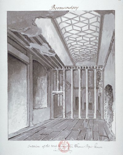„Sir Thomas Pope bermondsey-i háza nyugati szárnyának belseje”, 1808 alkotó: John Chessell Buckler