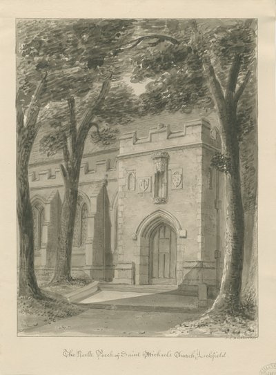 Lichfield - A Szent Mihály-templom északi tornáca: szépia rajz alkotó: John Chessell Buckler