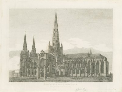 Lichfield katedrális – Délkeleti nézet: metszet, és [c 1820] (nyomtatás) alkotó: John Chessell Buckler