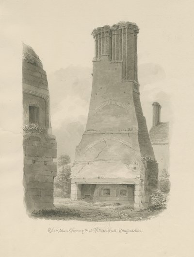 Pillaton Hall - Konyhakémény: szépia rajz alkotó: John Chessell Buckler