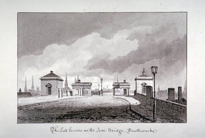 Fizetős házak a Southwark Bridge-en, London, 1827. alkotó: John Chessell Buckler