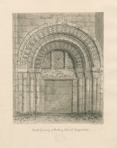 Tutbury Priory Church - South Doorway: szépia mosás rajz, 1812 alkotó: John Chessell Buckler