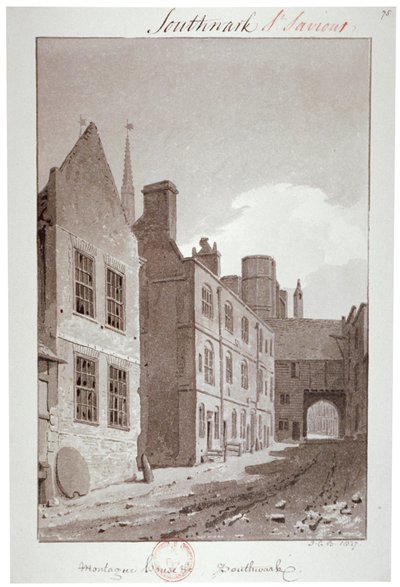 Kilátás a Montague House kapujára nézve, Southwark, London, 1827 alkotó: John Chessell Buckler