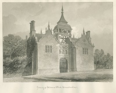 Worcestershire – Westwood Park – Bejárati kapu: szépia rajz, 1833 alkotó: John Chessell Buckler