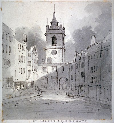 St Giles templom Cripplegate nélkül a Fore Street-ről, London City, 1790. alkotó: John Claude Nattes