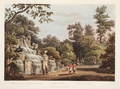 Grand Trianon, Szökőkút a kertben, illusztráció Versailles-ból, Párizs és Saint Denis, kocsma. 1805 (akvatinta) alkotó: John Claude Nattes