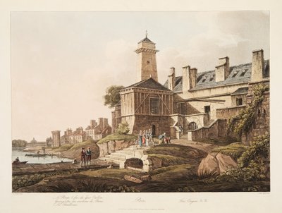 Párizs, tűzoltóautó, illusztráció Versailles-ból, Párizs és Saint Denis, pub. 1809 (akvatinta) alkotó: John Claude Nattes