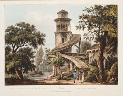 Trianon, Marlborough tornya, illusztráció Versailles-ból, Párizs és Saint Denis, kocsma. 1809 (akvatinta) alkotó: John Claude Nattes