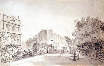Kilátás a Fitzroy térre két kerti hengert húzó figurával, 1808 körül (tinta és mosás papíron) alkotó: John Claude Nattes