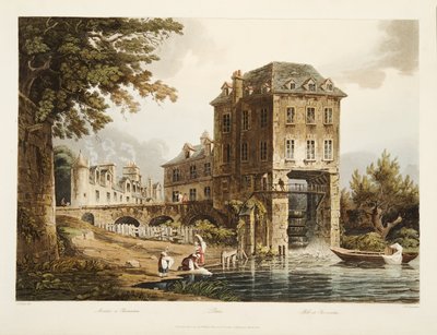 Malom Charentonban, illusztráció Versailles-ból, Párizsból és Saint Denis-ből, pub. 1807 (akvatinta) alkotó: John Claude after Nattes