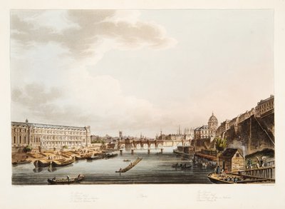 A Louvre; A Pont Neuf; A 4 Nemzet Kollégiuma; Voltaires rakpart, illusztráció Versailles-ból, Párizs és Saint Denis, pub. 1805 (akvatinta) alkotó: John Claude after Nattes