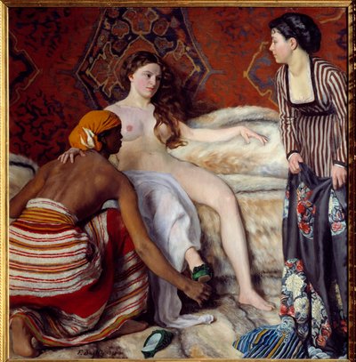 Orientalizmus: „A vécé” Egy fiatal fehér nőnek, akit két leányzója segít, megvan a vécéje. Frederic Bazille (1841-1870) festménye 1869 V. 1,32x1,27 m Montpellier, Musee Fabre alkotó: John Clayton Adams