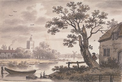 Folyói jelenet templommal, kunyhóval és szélmalommal alkotó: John Collet