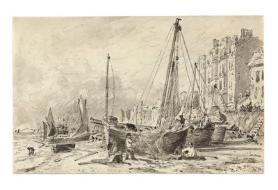 Partra húzott halászhajók hálókat javító halászokkal a brightoni tengerparton, nyugatra néz, 1824-28 körül alkotó: John Constable