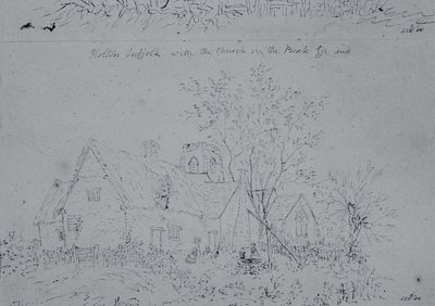Ház Holtonban a templommal a háttérben (toll és tinta papíron) alkotó: John Constable