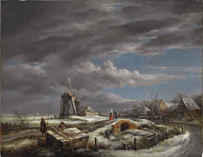 Téli táj alakokkal az ösvényen, gyaloghíddal és szélmalmokkal azon túl alkotó: John Constable