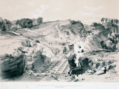 Kövek robbantása, Linsdale, Buckinghamshire, 1830-as évek (toll és tinta, valamint papírra mosás) alkotó: John Cooke Bourne