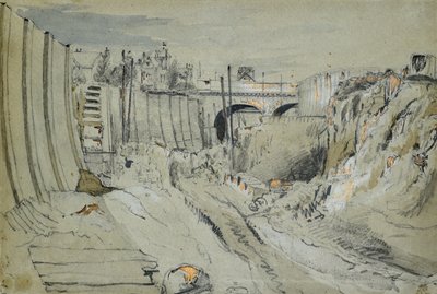 A londoni és birminghami vasút építése, 1835 körül (ceruza és mosás papíron) alkotó: John Cooke Bourne