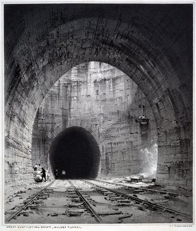 Nagy szellőzőakna, Kilsby Tunnel, Northamptonshire, 1838 (toll és tinta, mosás papíron) alkotó: John Cooke Bourne