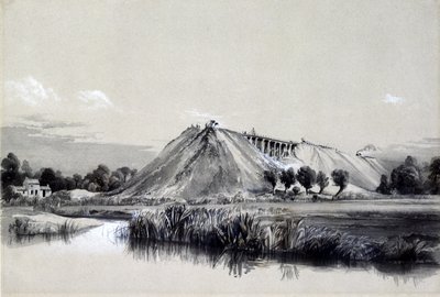 A töltés elkészítése Wolvertonban, 1837. június 29. (toll és tinta, valamint papírra mosás) alkotó: John Cooke Bourne