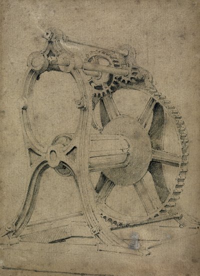 Csörlő vagy rák mechanizmus láncok tekercseléséhez, 1830-as évek (toll és tinta és mosás papíron) alkotó: John Cooke Bourne