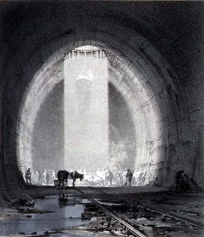 Working Shaft, Kilsby Tunnel, 1837. július 8., metszett a művész alkotó: John Cooke Bourne