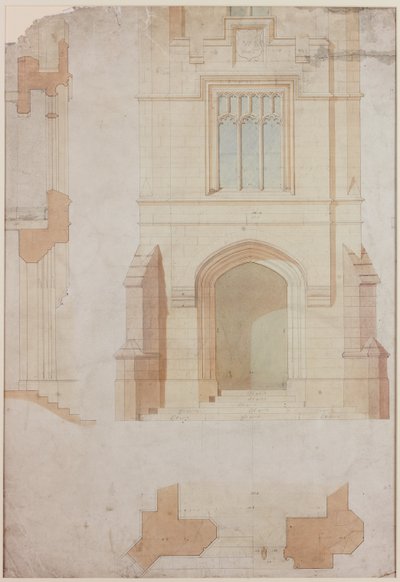 Holme Eden főbejáratának magassága, metszete és terve (toll és tinta és mosás (kék és barna és sárga) papíron (papíron)) alkotó: John Dobson