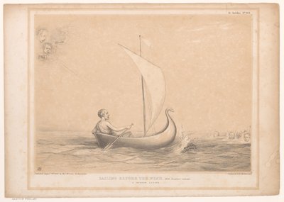 A Spotprent a zeilbootban találkozott Lord Russell-lel Vitorlázni a szél előtt, Breakers-el előre. Szűk menekülés (cím az objektumon) HB Sketches (sorozat címe az objektumon) alkotó: John Doyle