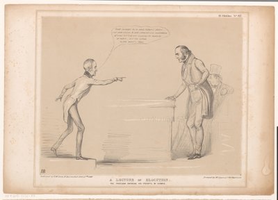 Spotprent találkozott Roebuckkal és Lord Bentinckkel Előadás az elokucióról. A professzor, aki példával érvényesíti előírásait (cím a tárgyon) HB Sketches (sorozat címe az objektumon) alkotó: John Doyle