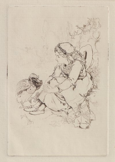 Ülő lány és nagy madár (rézkarc) alkotó: John Duncan
