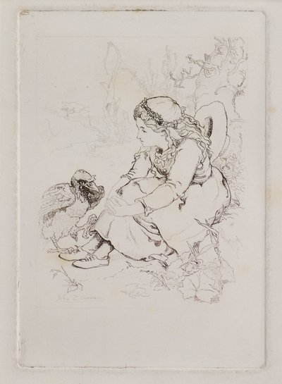 Ülő lány és nagy madár (rézkarc) alkotó: John Duncan