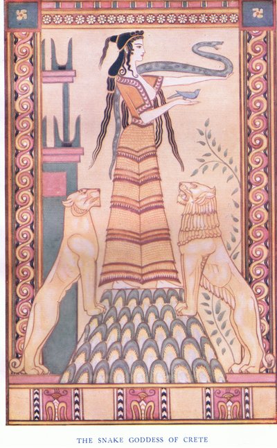 Kréta kígyóistennője, illusztráció a Krétai mítoszok és a Pre-Hellenic Europe pubból. a Gresham Publishing Company Limited 1920-as években alkotó: John Duncan