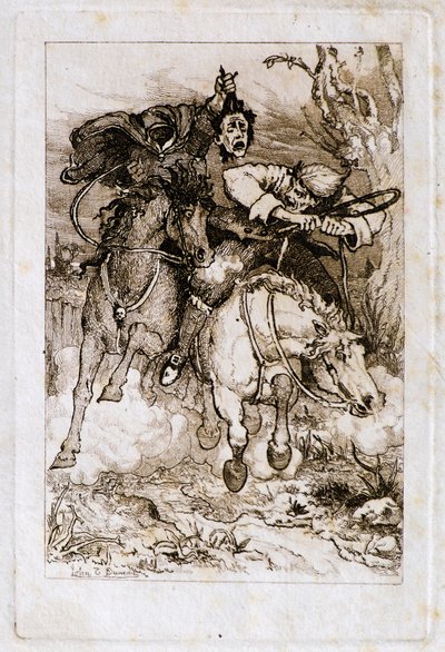 Két vágtázó lovas [az egyik a saját fejét hordja] (rézkarc) alkotó: John Duncan