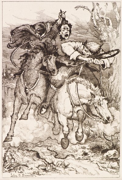 Két vágtázó lovas [az egyik a saját fejét hordja] (rézkarc) alkotó: John Duncan