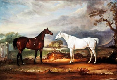 N. Kershaw két vadász, „Equinox” és „Forester” egy karámban alkotó: John E. Ferneley