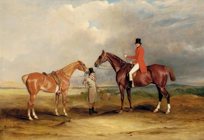 John Drummond portréja egy vadászon a második lovát tartó vőlegénnyel, tájban, vadásztársaságon túl, 1831 alkotó: John E. Ferneley