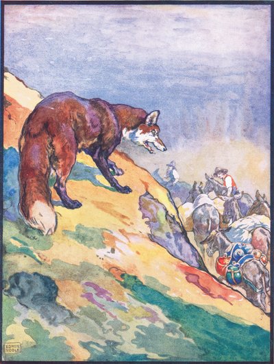 A Raphael Tuck & Sons Ltd. kiadásában kiadott „He Perceived the Train of Patient Mules”, illusztráció „A róka és bolond félelme” című művéhez az „Animal Legends from Many Lands” (Színes litó) alkotó: John Edwin Noble