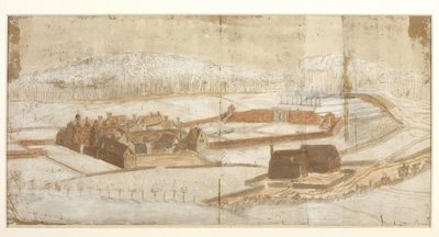 Hozzáadás. 78610.(h) Wotton kilátása a kerttel, a barlanggal és a környezettel a nyugati sarokból, 1650 körül (toll és tinta zsírkrétával és mosószerrel) 215 x 435 mm  John Evelyn  1650-es évek? alkotó: John Evelyn