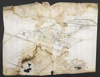 Hozzáadás. 78610 (i) Wotton kilátása a kerttel, barlanggal és környékével északnyugat felől, 1650 körül (toll és tinta papíron) alkotó: John Evelyn