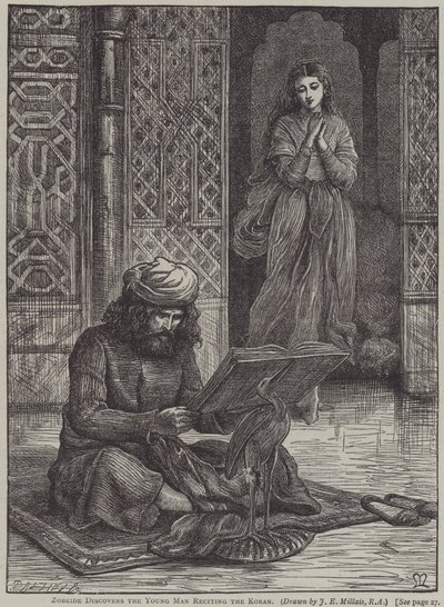 Zobeide felfedezi a fiatal férfit, aki a Koránt szavalja (metszet) alkotó: John Everett (after) Millais
