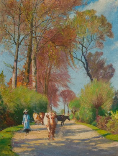 Country Lane figurával és tehénnel (olaj a fedélzeten) alkotó: John Everett