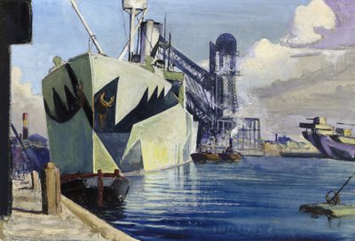 A liverpooli Dock Canada, egy lehorgonyzott hadihajóval, színes álcázófestéssel. Herbert Barnard John Everett (1876-1949) festménye. alkotó: John Everett