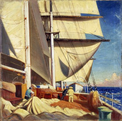 Vitorlák javítása a "Brickdale" fedélzetén, a Bristolból a texasi Sabine Passba (Egyesült Államok, Egyesült Államok) tartó út során, 1920 áprilisa és júniusa között. alkotó: John Everett