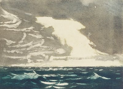 Tengeri táj - zöld tenger és viharos kékesszürke ég 2, 20. század (színes akvatinta) alkotó: John Everett