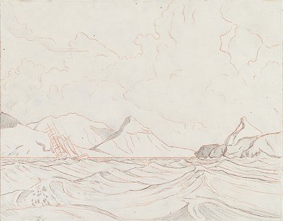 Tengeri táj, szárazföldön áthaladó hajóval (1), 20. század eleje (grafit, barna zsírkréta) alkotó: John Everett