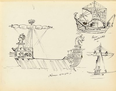 Római hadihajó vázlata, egy római kereskedelmi hajó egy része és egy vitorlás hajó, 20. század eleje (toll, fekete tinta) alkotó: John Everett