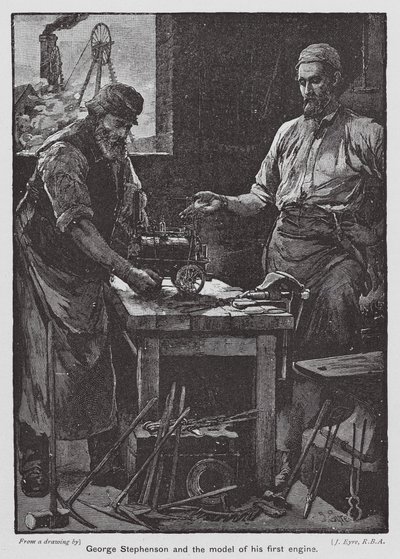 George Stephenson és első motorjának modellje (színes litográfia) alkotó: John Eyre