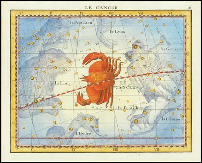 1776-os térkép a Rák csillagképről és a szomszédos csillagképekről, Fortin Atlas Celeste de Flamsteed című művéből. alkotó: John Flamsteed