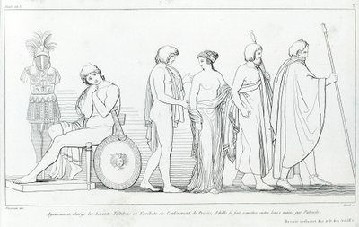 Agamemnon Taltibiust és Euribat hírnököt vádolta meg Briseis elrablásával; Akhilleusz átadta a kezükbe Patroklész. John Flaxman (1755 - 1826) rajza. Homérosz Iliásza. Éneklés I alkotó: John Flaxman